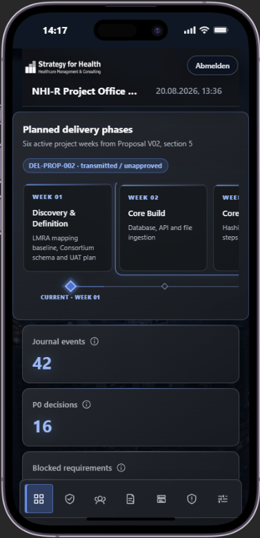 NHI-R Project Office als mobile App auf einem Smartphone
